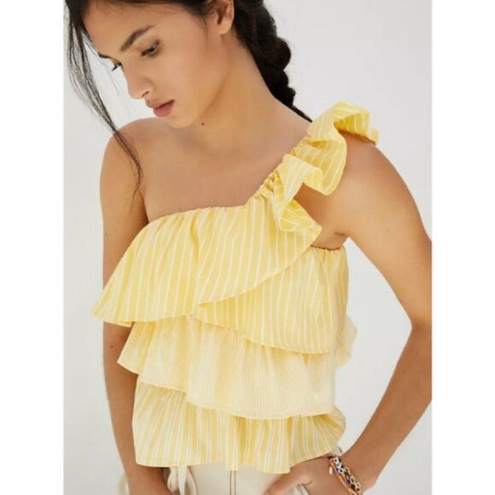 Maeve Yellow and White Ruffled One Shoulder Tiered Flowy Babydoll Top, Large
